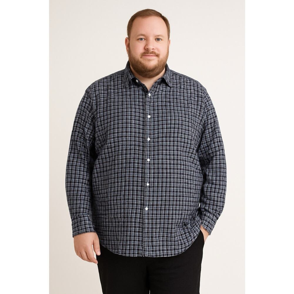 Billy Reid Men XL Button Down Long Sleeve‎ Shirt Check Plaid Navy Preppy Italy